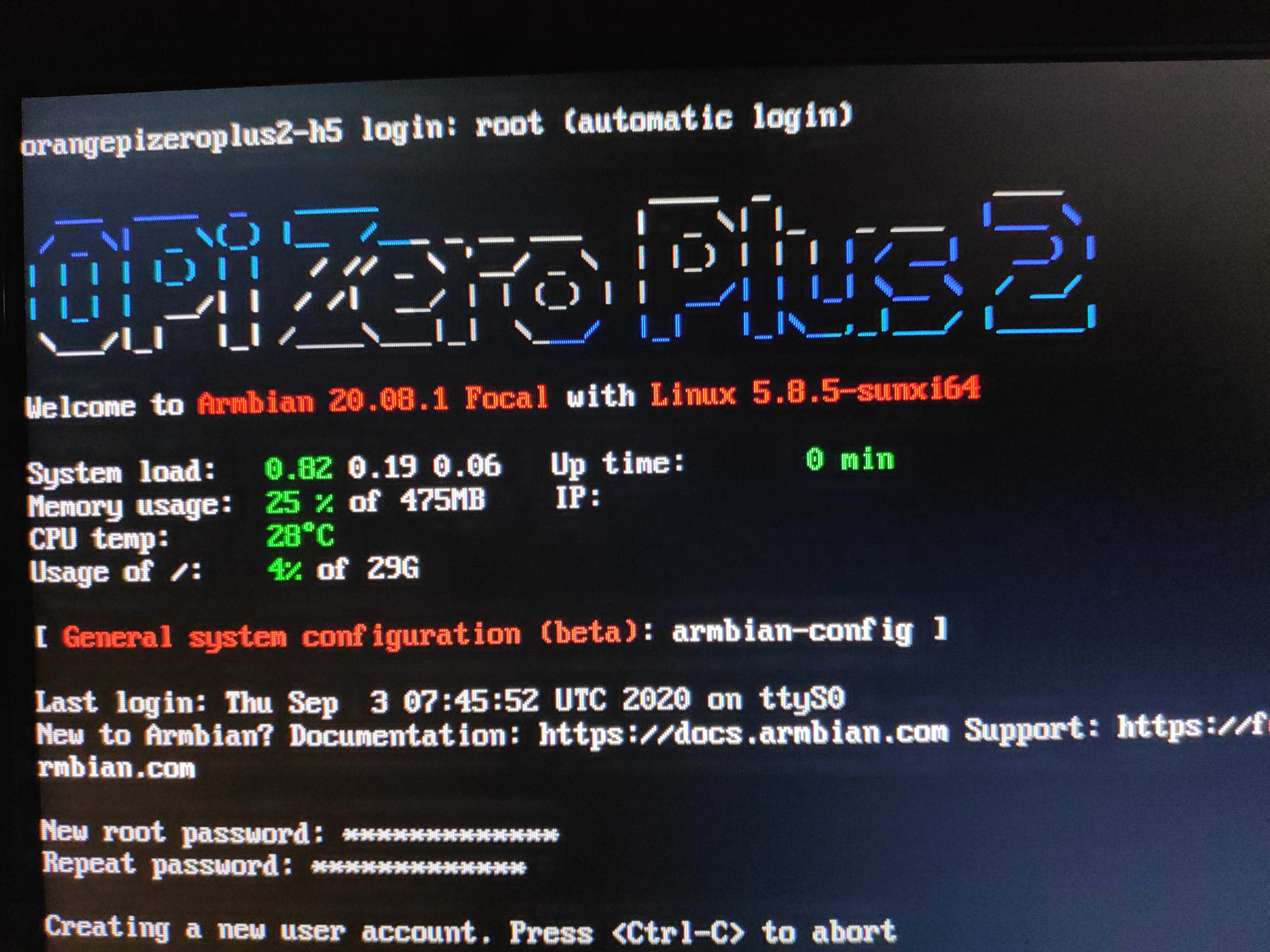 First login screen inside Armbian OrangePi Zero 2 H5 opizero-firstlogin